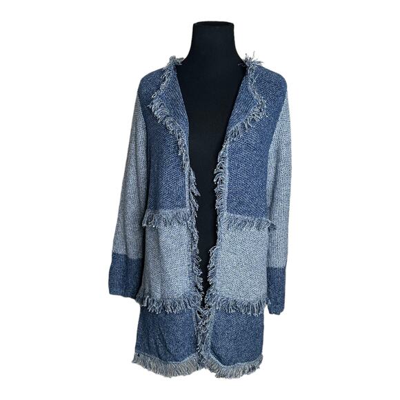 Chicos Blue Patchworks Long Sleeves Fringe Open Front Cardigan size 0 - S - Picture 11 of 12